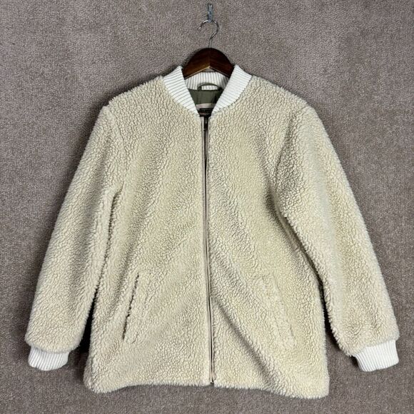 Abercrombie & Fitch Bomber Jacket Womens Size Medium Beige Sherpa Fleece‎ Zip Up - Picture 2 of 11